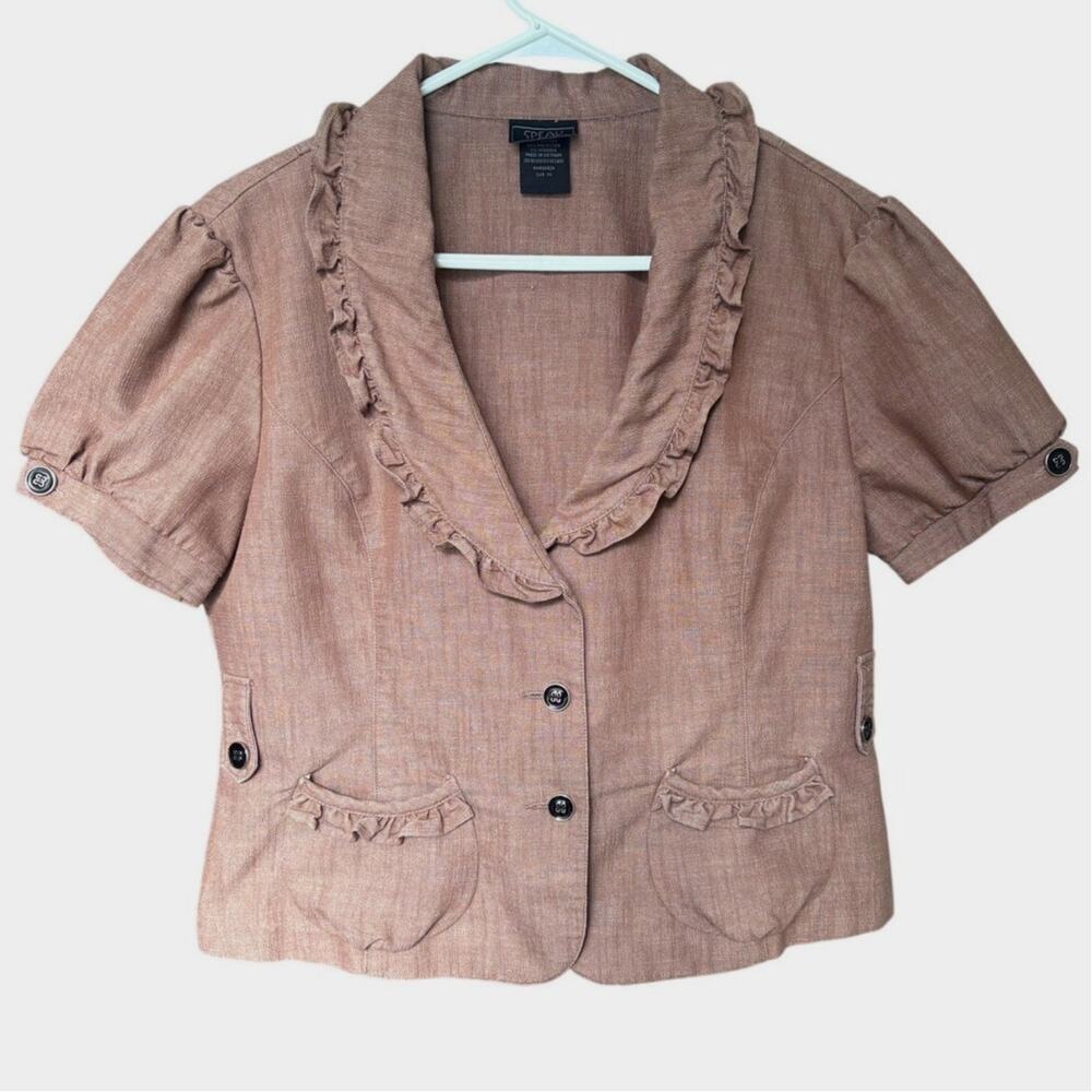 Y2K Speak 2 Me Brown Short Sleeve Jacket, Ruffles, Chanel Pockets Size women XL
